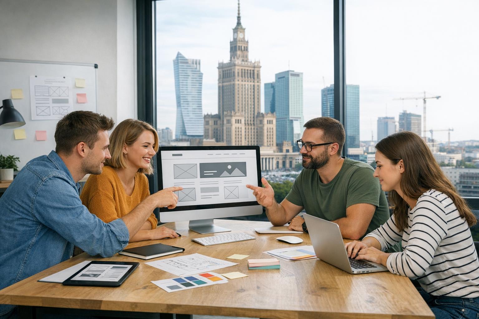 Zespół projektowy pracujący nad stroną internetową w biurze w Warszawie